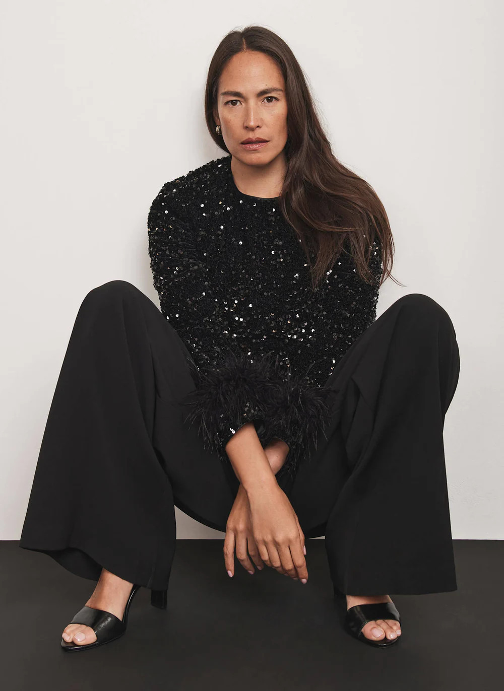 Black Sequin Embellished Feather Trim Top | Mint Velvet