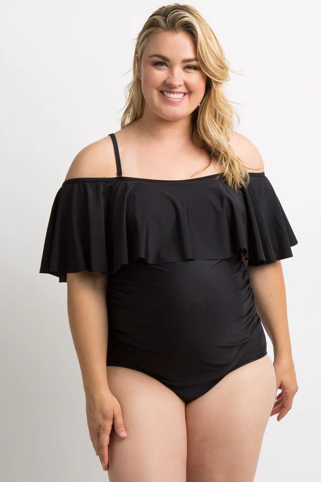 PinkBlush Black Ruffle Trim Ruched One-Piece Maternity Plus Swimsuit | PinkBlush Maternity
