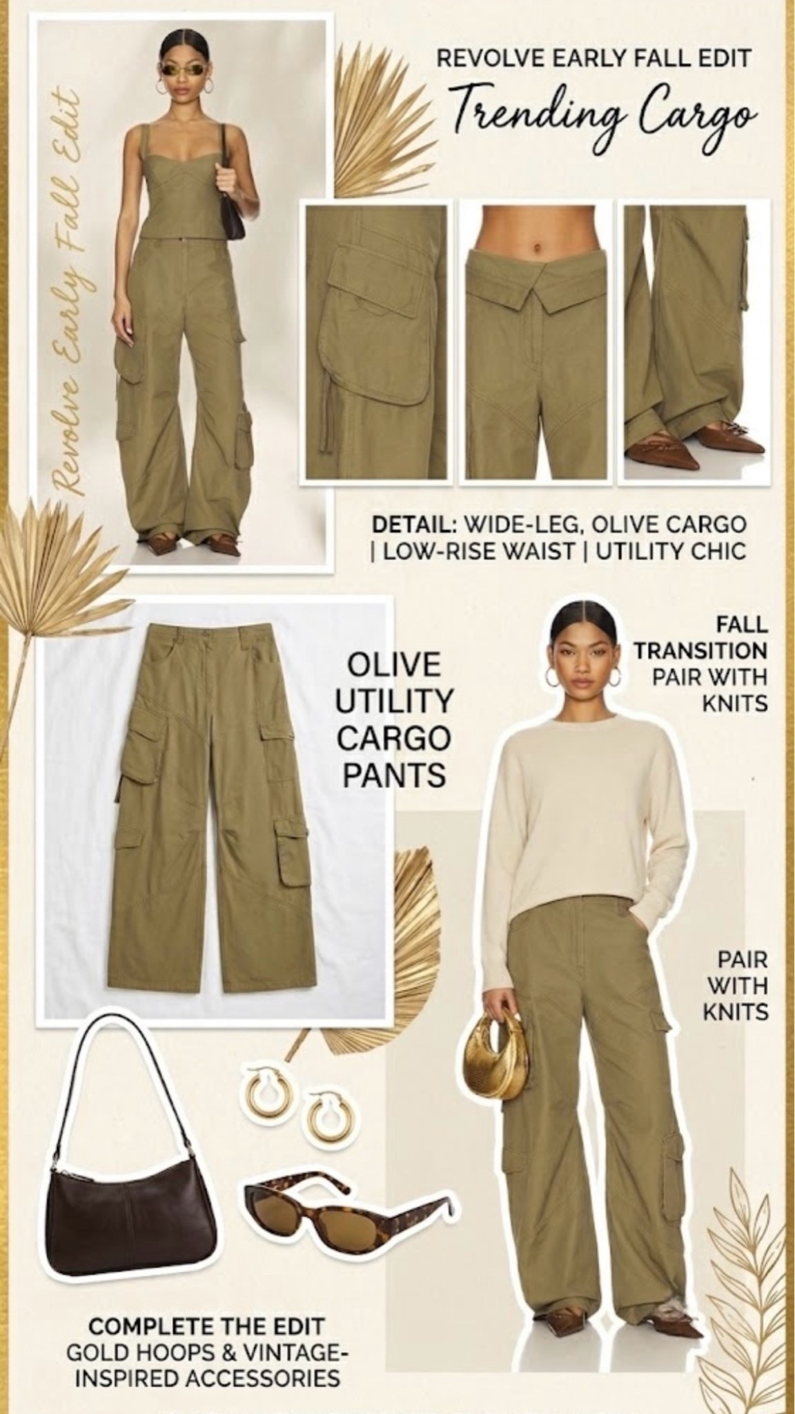 Ready to transition into fall? Utility chic is trending. See two distinct ways to style the Revolve favorite: these wide-leg olive cargo pants. Pair them with a matching bustier for an early fall edit, or transition with a cozy cream knit sweater and gold metallic accessories

#LTKootd #LTKU #LTKSeasonal