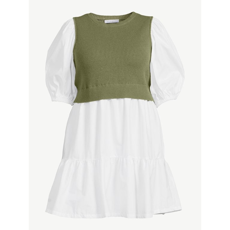 ELOQUII Elements Women's Plus Layered Look Poplin Dress with Sweater | Walmart (US)