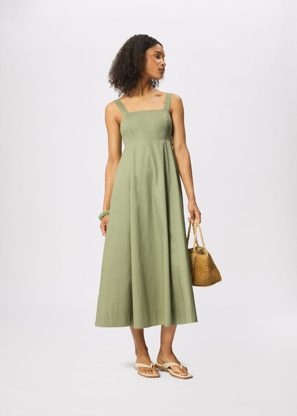 Khaki Cotton Midi Strappy Dress | WHISTLES | Whistles UK | | Whistles