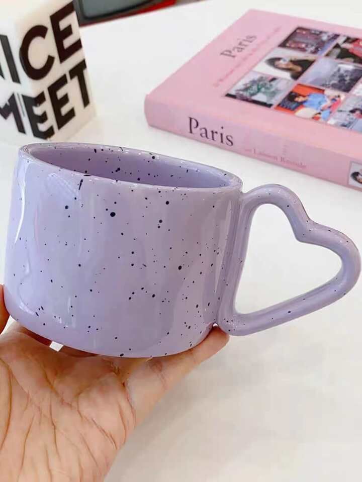 1pc Handmade Purple Heart Handle Ceramic Mug With Ink Splash, Capacity 350ml | SHEIN