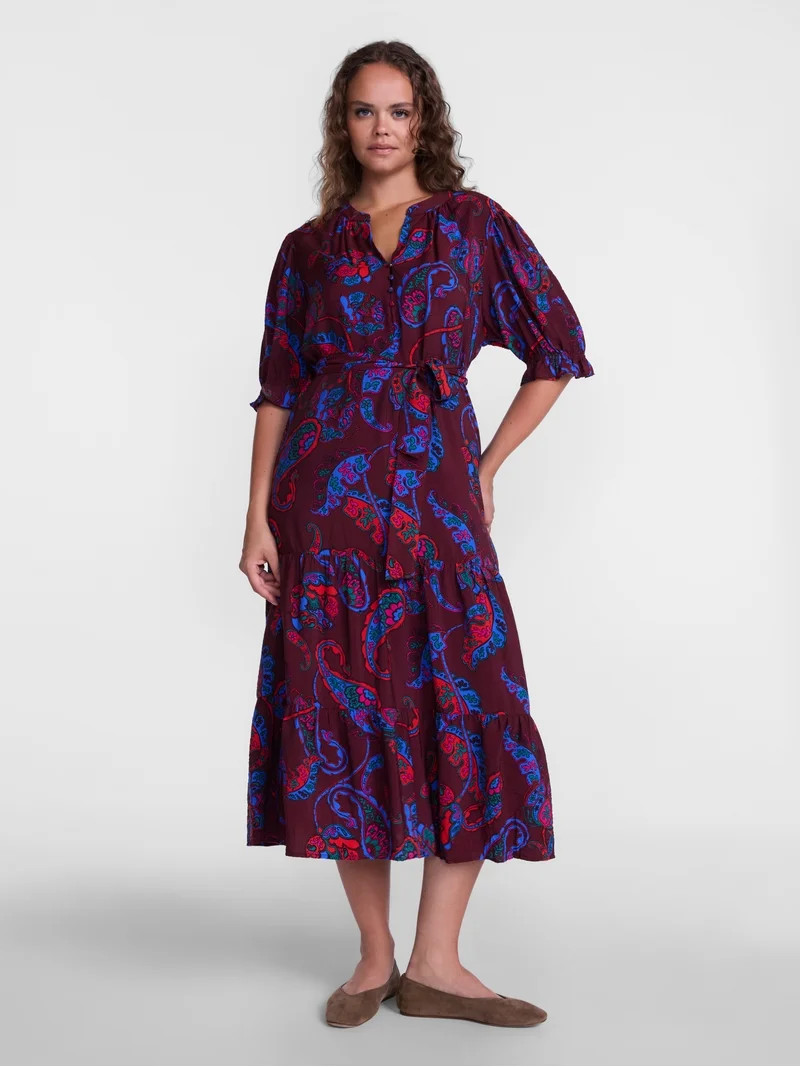 Scenario Women's and Women's Plus Tiered Midi Dress with Short Sleeves, Sizes XS-4X | Walmart (US)