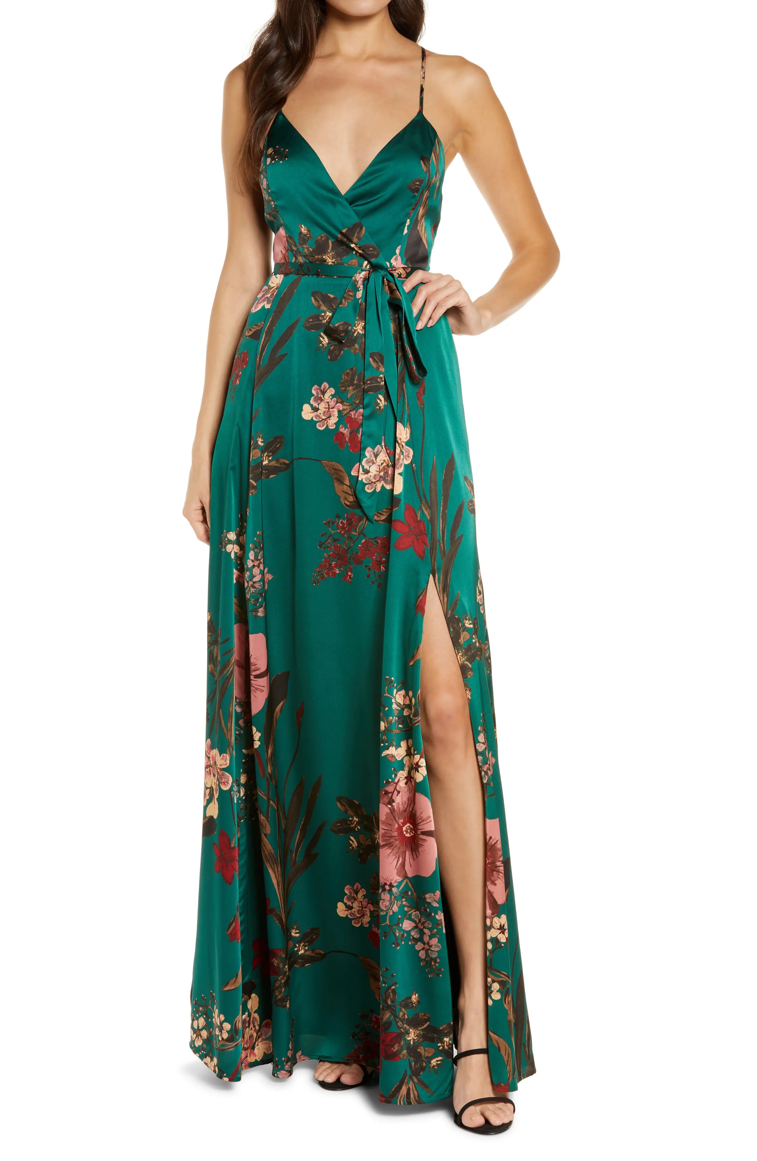 Lulus Still the One Floral Faux Wrap Gown in Emerald Green at Nordstrom, Size Medium | Nordstrom