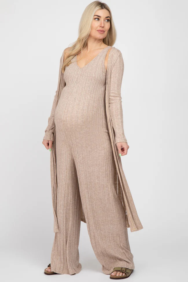 Mocha Ribbed Soft Knit Maternity Jumpsuit Set | PinkBlush Maternity