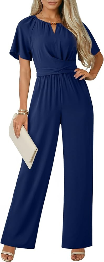 Dokotoo Jumpsuits for Women Dressy Casual Overalls One Piece Short Sleeve Wide Leg Elegant Romper... | Amazon (US)