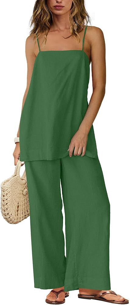 Yanekop Linen Sets for Women 2 Piece Pants Summer Outfits Matching Lounge Sets Spaghetti Strap Ta... | Amazon (US)