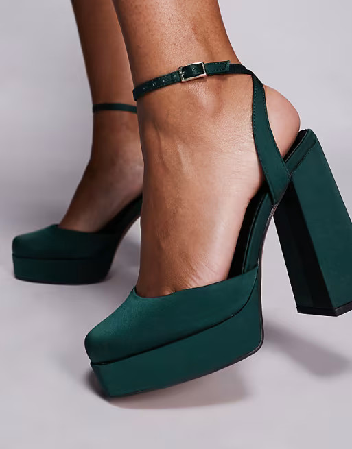 ASOS DESIGN Pressure platform high heeled shoes in dark green satin | ASOS (Global)