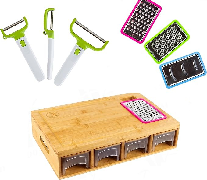 BAMBOO LAND Bamboo cutting board with container & vegetable peeler set, cutting board with Juice ... | Amazon (US)