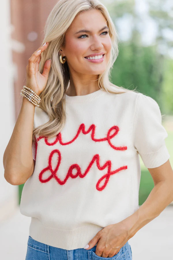 To The Stadium White and Red Game Day Puff Sleeve Sweater | The Mint Julep Boutique