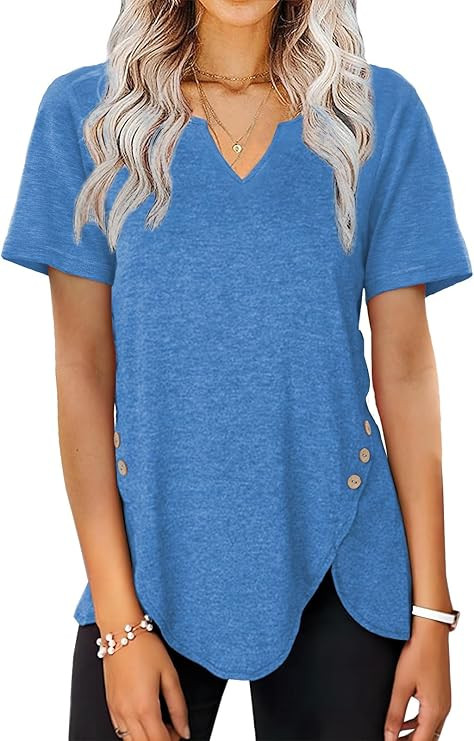 Womens Tops V Neck Tshirts Short Sleeve Button Side Tunics for Women Fashion Summer Clothes S-XXL | Amazon (US)