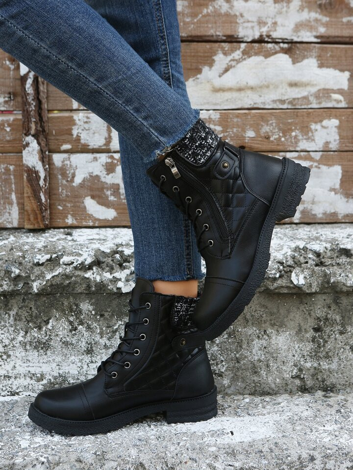 Quilted Detail Zipper Side Lace-up Front Combat Boots | SHEIN