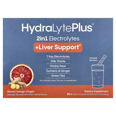 Hydralyte, HydraLyte Plus® +Liver Support, Blood Orange Ginger, 20 Packets, 0.32 oz (9.2 g) Each | iHerb