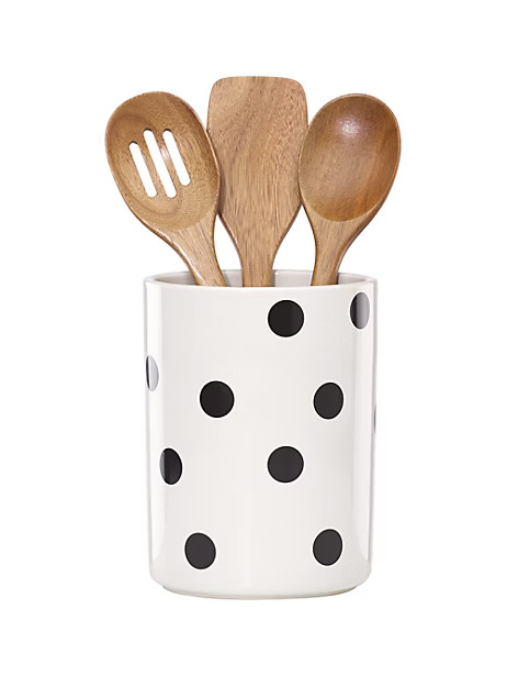 Kate Spade Deco Dot Crock With 3 Wooden Utensils, Black | Kate Spade (US)