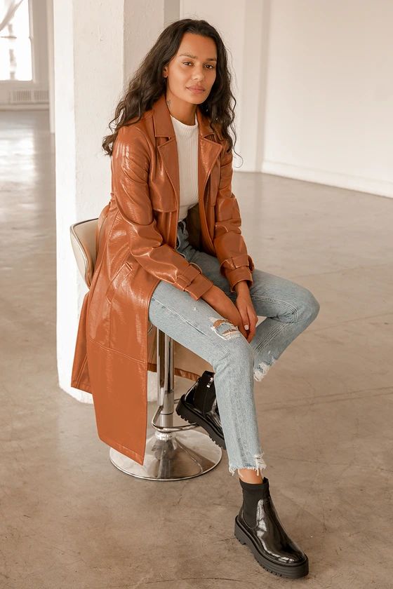 Weather Forecast Camel Patent Vegan Leather Belted Trench Coat | Lulus (US)
