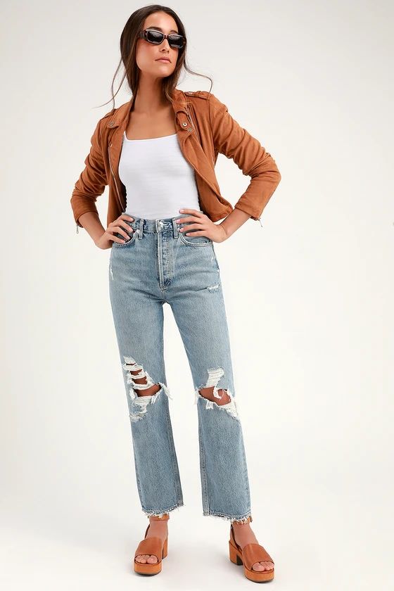 '90s Mid Rise Light Wash Distressed Jeans | Lulus (US)