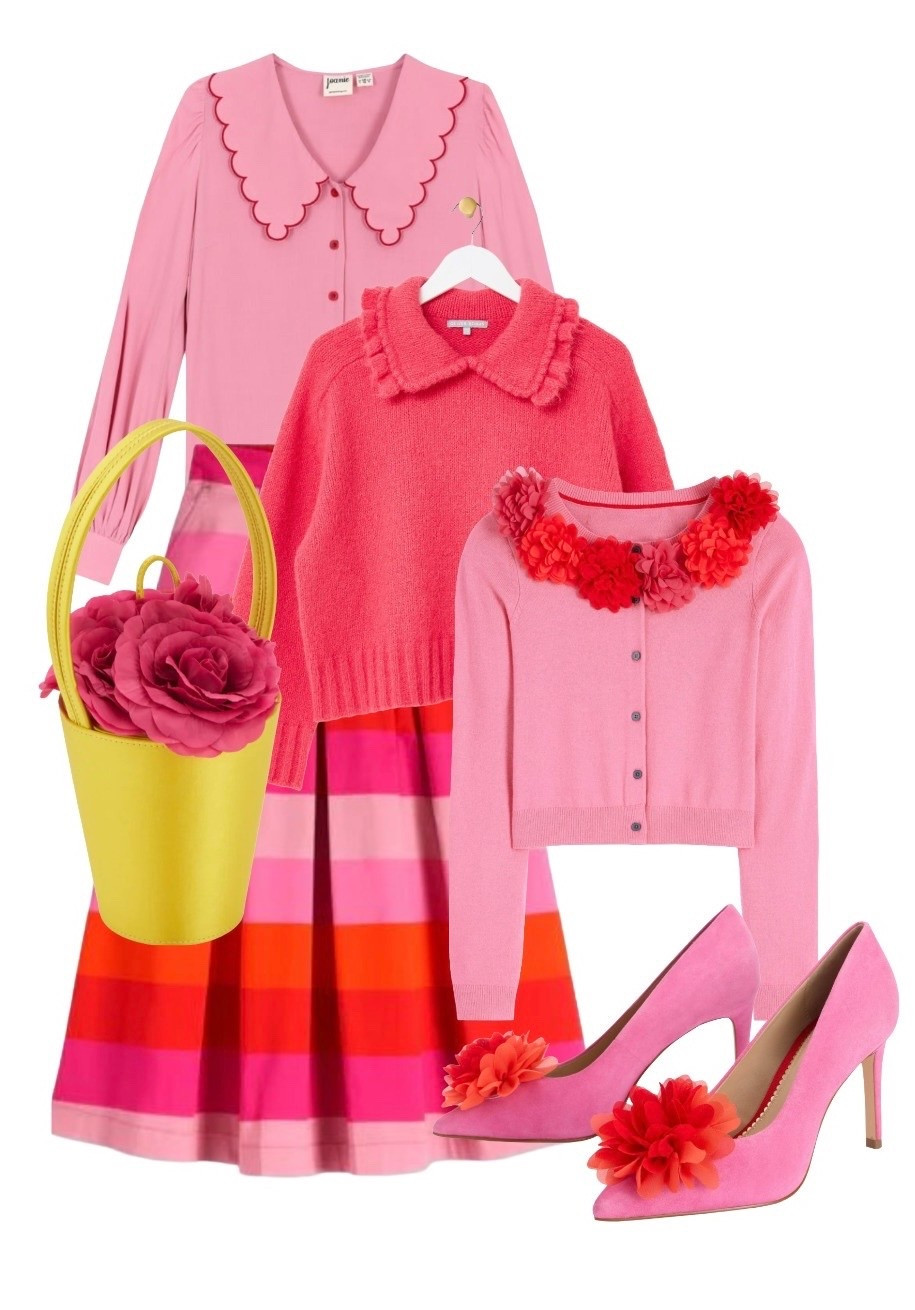 A Sex in the City inspired look for party season! 

Top to bottom: 

Marsha pink / red tipped statement collar blouse - Joanie Clothing (with 40% off limited time only!)

Hot Pink Collared Jumper - Oliver Bonas

Pink Ribbon Cardigan and Pink / Red Verity Taffeta Stripe Skirt - Boden 

Chartreuse Rose Basket Bag (5 left!) - Lulu Guinness 

Flower Point Heels in Hot Pink - also Boden 

❤️🎀❤️💖

#LTKautumn 

#LTKwinter #LTKpartywear #LTKuk
