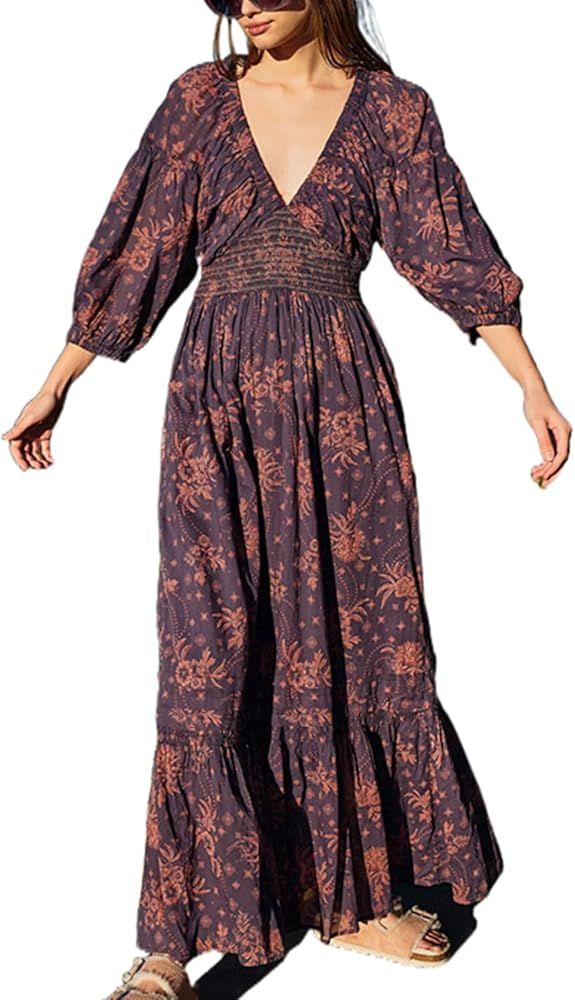 Boho Flowy Maxi Dress for Women Puff Long Sleeve Square Neck Embroidered Swing Tiered Long Dress | Amazon (US)