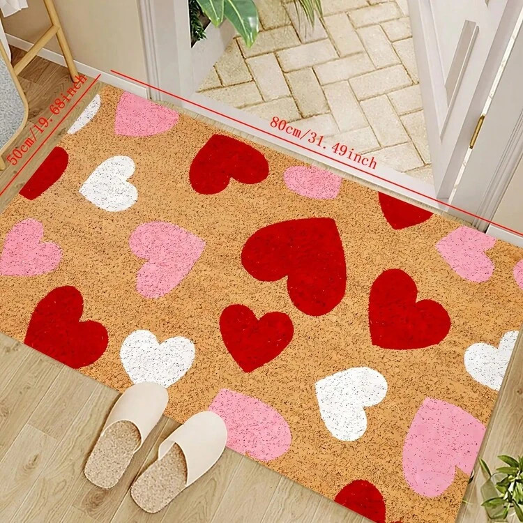 1pc Valentine'S Day Welcome - Red, Pink & White Heart Design, Durable Polyester, 0.39inch Thick, 800g/², Washable, Indoor/Outdoor Entrance Decor, Valentines Decorations | SHEIN