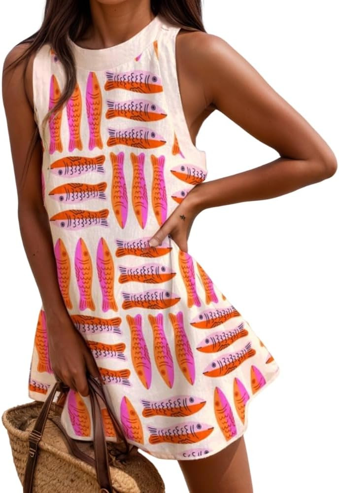 Women's Summer Ocean Animal Print Cotton Linen Mini Tank Dress Casual Loose Sleeveless Beach Vaca... | Amazon (US)