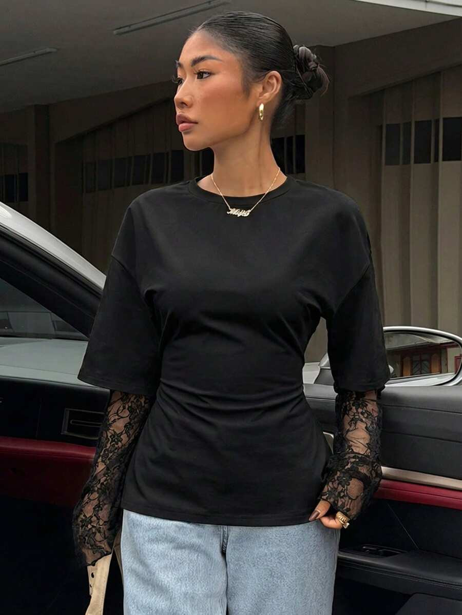 SHEIN Muchic Women's Black Knit Lace Two-In-One T-Shirt With Waist Design, Suitable For Outings, ... | SHEIN