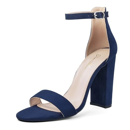 GENSHUO Women's 4 Inch High Chunky Heels Open Round Toe Block Sandals Ankle Strap Prom Wedding Party Shoes Navy Blue Suede Size 9.5 | Amazon (US)