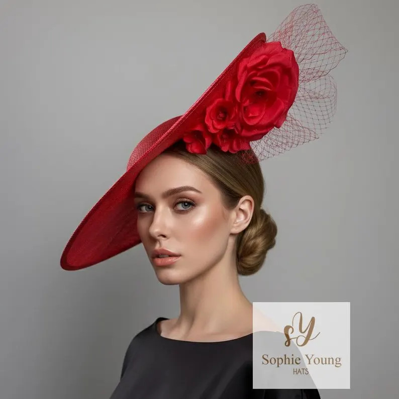 Red kentucky derby saucer hat with statement floral details, Royal Ascot, Wedding guest, racing | Etsy (US)