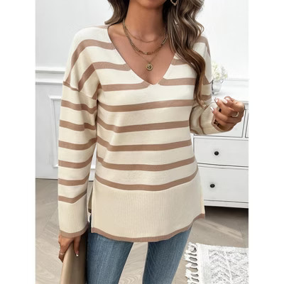 Women's V-Neck Striped Sweater Long Sleeve Top Casual Pullover Sweater with Side Slits Beige S | Target