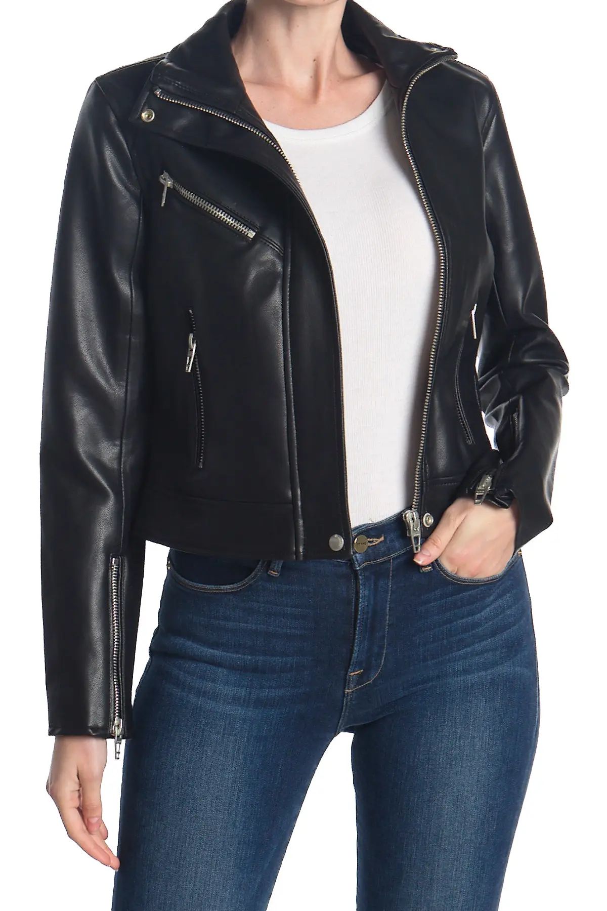 BLANKNYC Denim Faux Leather Full Zip Moto Jacket at Nordstrom Rack | Hautelook