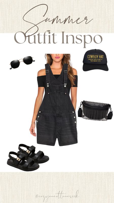 Summer outfit idea
All black everything
Summer fashion
Women’s overalls
Shortalls 
Cowboy hat baseball hat

#LTKStyleTip #LTKMidsize #LTKSummerSales