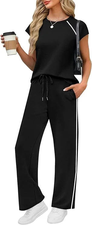 PRETTYGARDEN Women's 2 Piece Lounge Sets Summer Cap Sleeve Tops Wide Leg Pants Travel Outfits Mat... | Walmart (US)