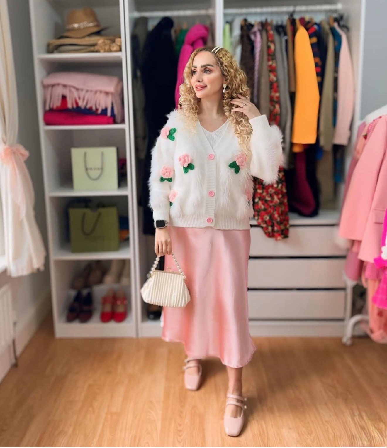 Spring cardigan with knitted flowers, Pink Satin skirt and pink Mary Jane pump 💗🌸

#LTKspring #LTKuk #LTKAprilSpotlight