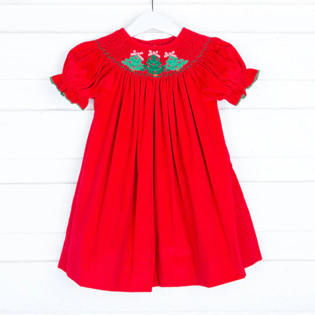 Christmas Tree Smocked Red Corduroy Dress | Classic Whimsy