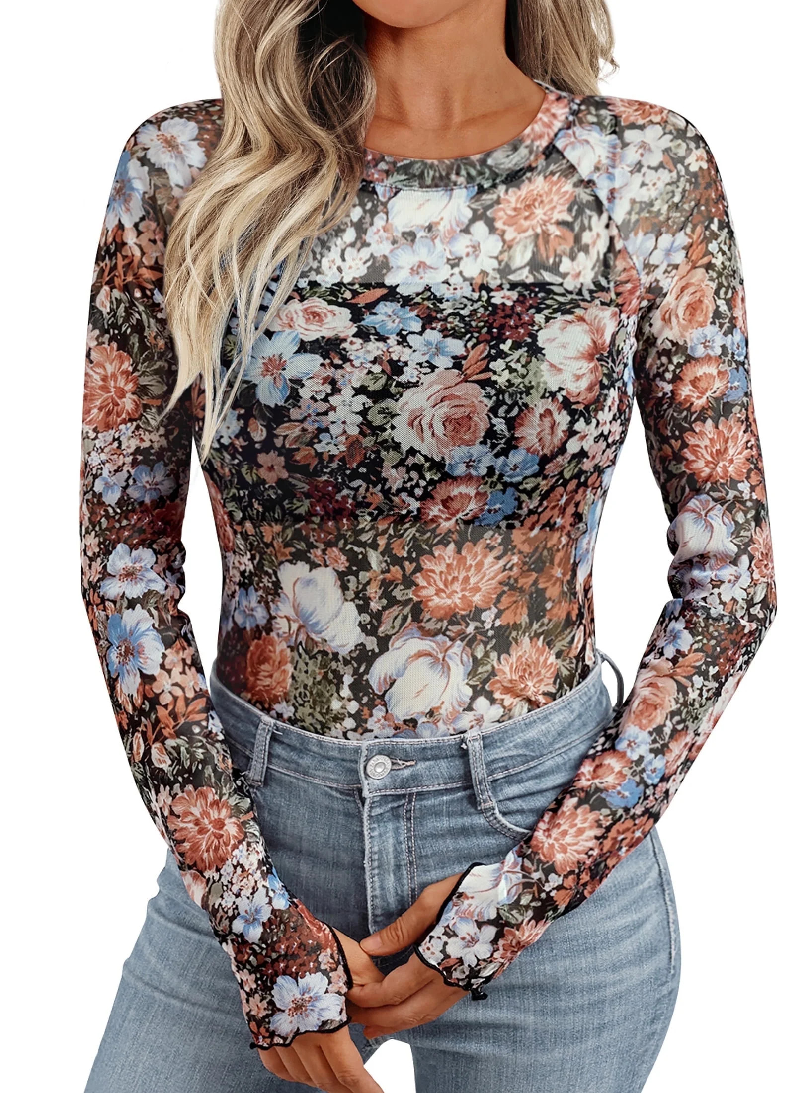 SUNBS Blouses for Women Floral Mesh Long Sleeve Shirts Sheer Lace Going Out Tops Outfits Clothes | Walmart (US)