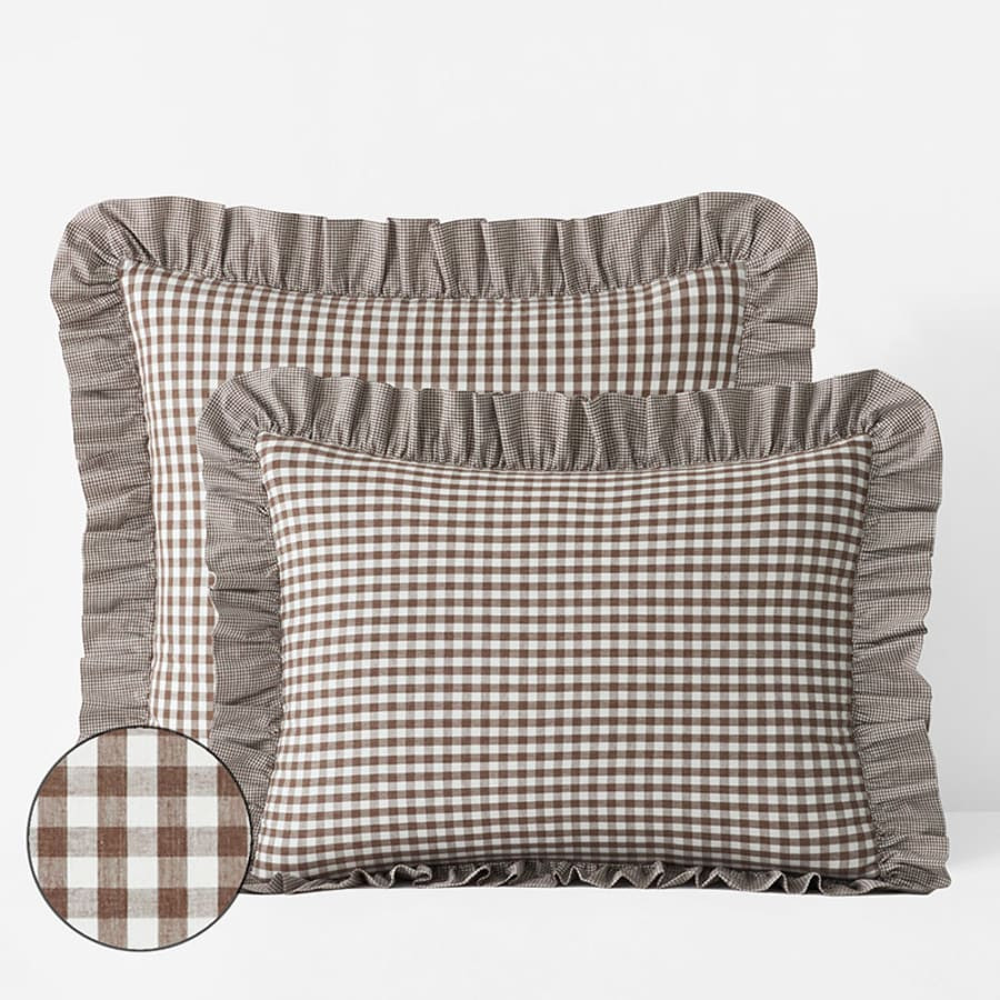 Gingham Classic Cool Melange Cotton Percale Sham - Brown, Standard | The Company Store