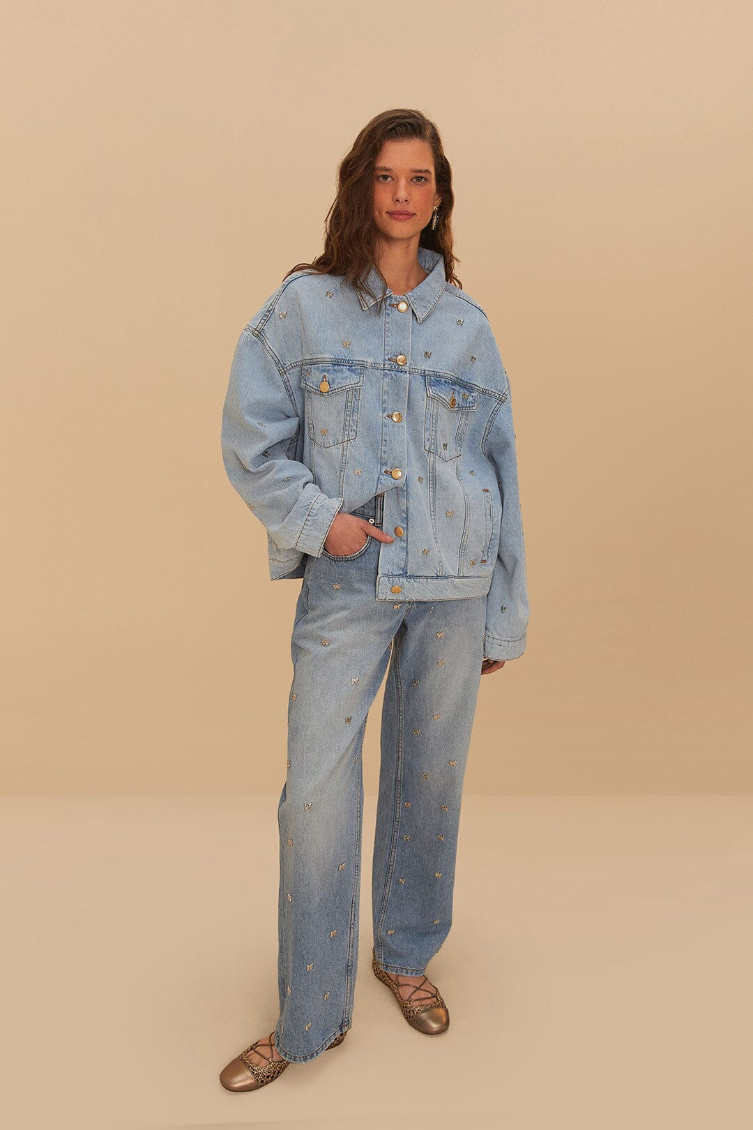 Denim Embroidered Bows Pants, DENIM / 29 | FarmRio (US)