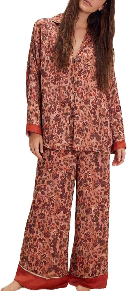 Women Satin Pajama Set Floral Silk Pajamas 2 Piece Lounge Sets Button Down Shirts Wide Leg Pants ... | Amazon (US)