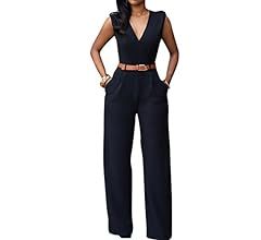 Pink Queen Womens Button Up Printed Long Wide Leg Pant Party Jumpsuits with Belt | Amazon (US)