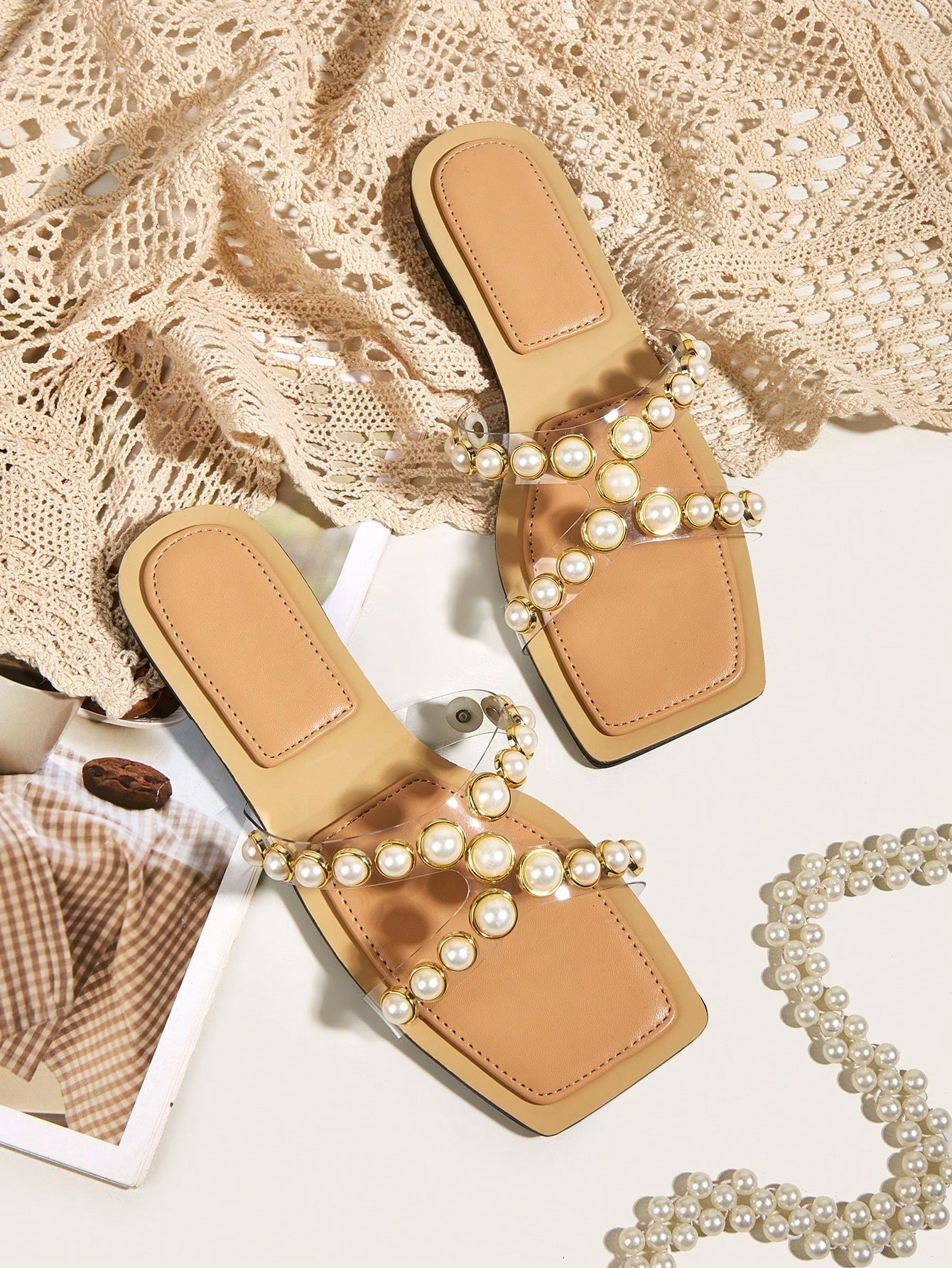 Women Cut Out Faux Pearl Decor Slide Sandals, Fashion Summer Flat Sandals | SHEIN