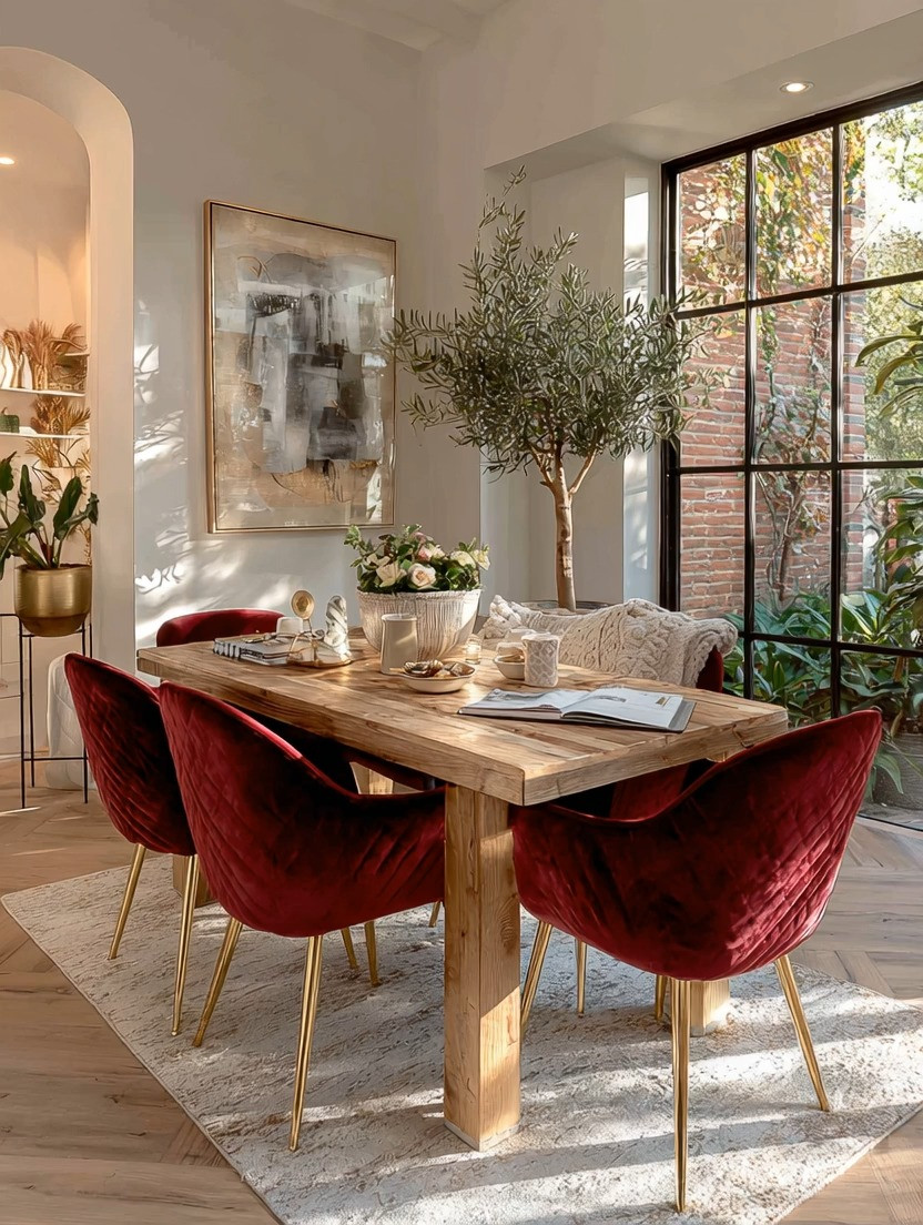 When Tuscany style meets California style, nature and glamour come together beautifully. This solid wood dining table brings organic warmth and grounded texture, while the red velvet dining chairs with gold legs introduce bold elegance and refined contrast.

A natural wooden dining table is the foundation of a timeless dining room. The clean, rustic wood finish reflects California’s relaxed, sunlit aesthetic, while the velvet upholstered chairs add that Tuscan-inspired richness and drama. The gold metal chair legs tie everything together, creating a warm, elevated dining space that feels curated yet inviting.

Pair this look with an olive tree in the corner, soft neutral rugs, ceramic vases, and warm lighting to enhance the balance between natural elements and luxury accents. The combination of wood grain, velvet texture, and brushed gold details creates a statement dining room without feeling overdesigned.

This style works beautifully in modern homes, Mediterranean-inspired interiors, warm minimalist spaces, and even apartment dining areas that need personality. It’s organic yet glamorous — relaxed yet elevated.

Nature. Texture. Velvet. Gold. A dining space that feels both grounded and unforgettable.

#WoodDiningTable
#VelvetDiningChairs
#TuscanStyleDecor
#CaliforniaStyleHome 

 #LTKHome