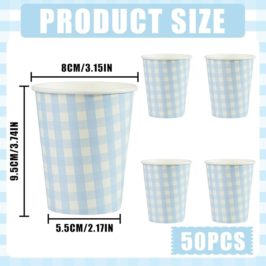 50 Pcs Gingham Paper Cups 8 oz, Disposable Gingham Cups, Blue Checkered Cup for Hot Cold Beverage... | Amazon (US)