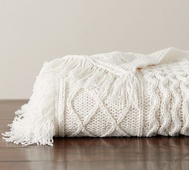 Cable Fringe Throw, 50x60 Inches, Ivory | Pottery Barn (US)