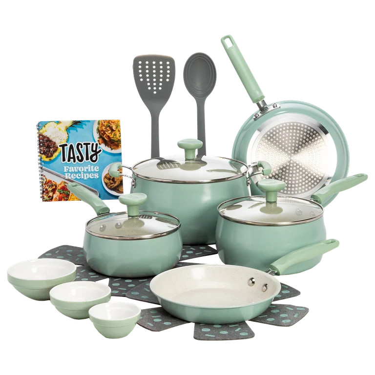 Tasty Clean Ceramic 16 Piece Non-Stick Aluminum Cookware Set, Sage Green | Walmart (US)