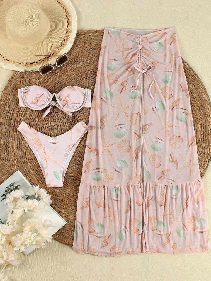 Sexy Shell Printed Women Bandeau Bikini Swimwear Set With Cover Up Skirt, European American Style... | SHEIN