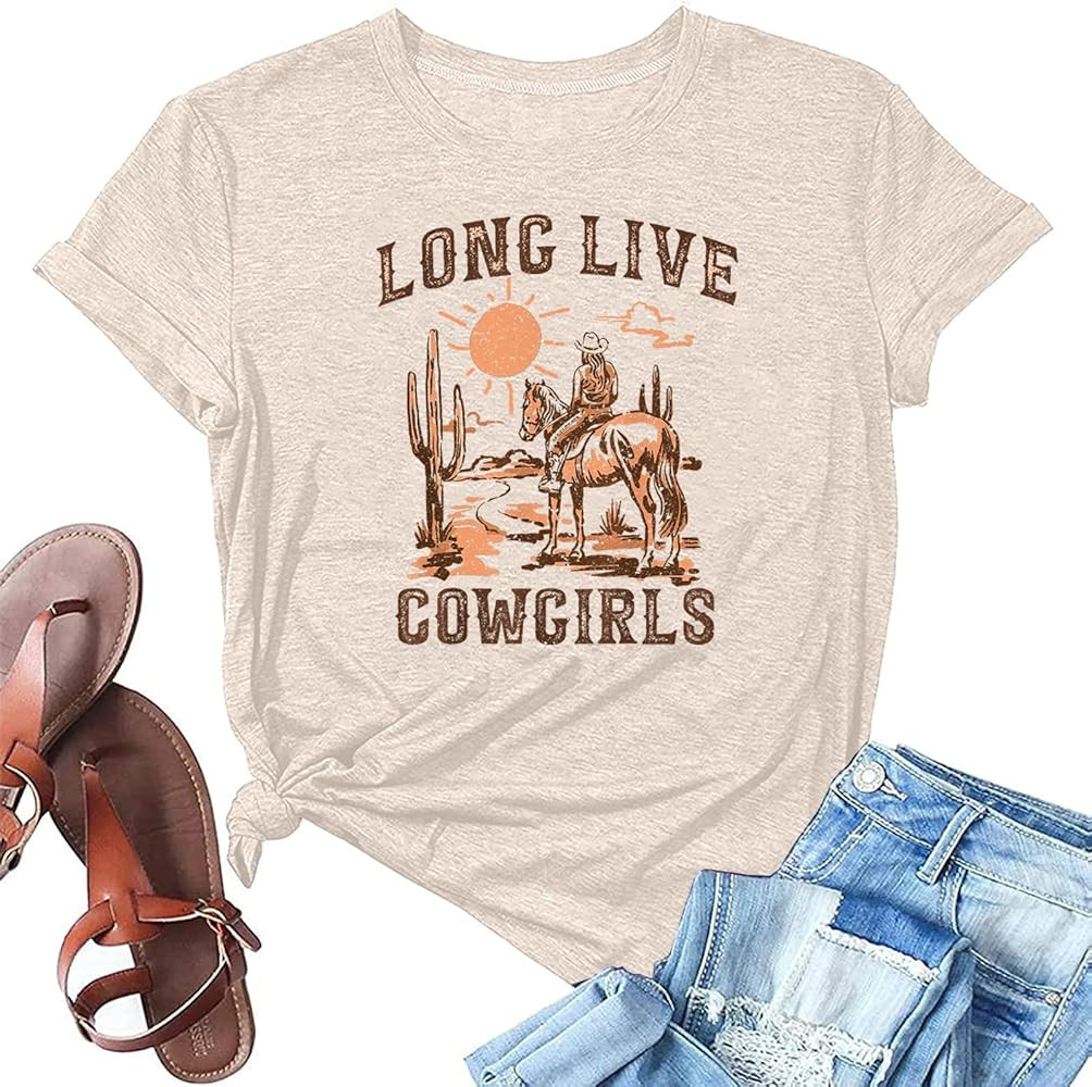Cowboys Boots Shirts Women Long Live Western Vintage Cowgirl Graphic Tees Funny Letter Print Coun... | Amazon (US)