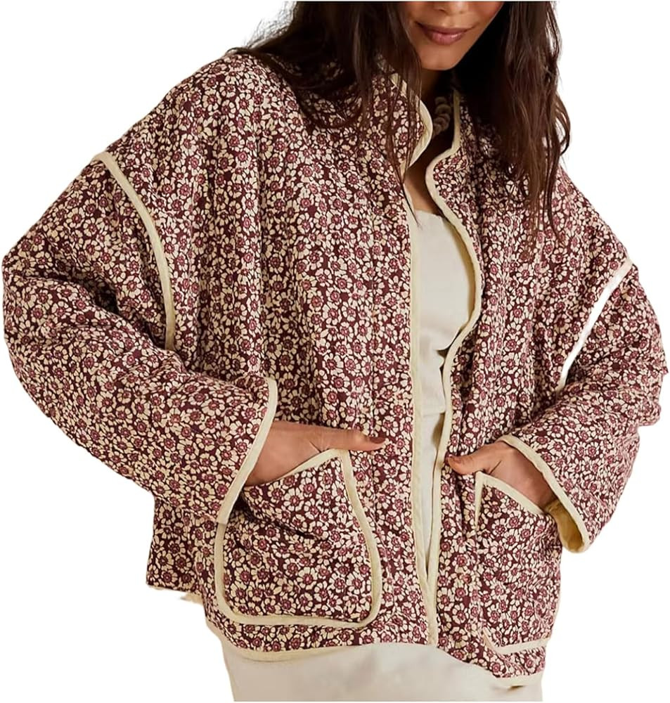 Women's Floral Quilted Jackets Cropped Reversible Open Front Lightweight Short Padded Puffer Coat | Amazon (US)