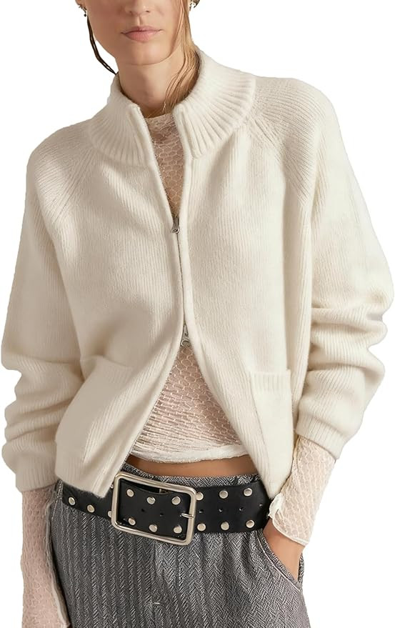 Gnveub Zip Up Sweaters for Women Long Sleeve Chunky Knit Sweater Jackets Cropped Cardigans Outerw... | Amazon (US)