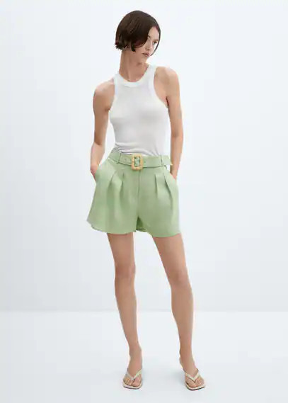 MANGO - Linen shorts with belt pastel green - S - Woman | Mango (US/MX/AU)