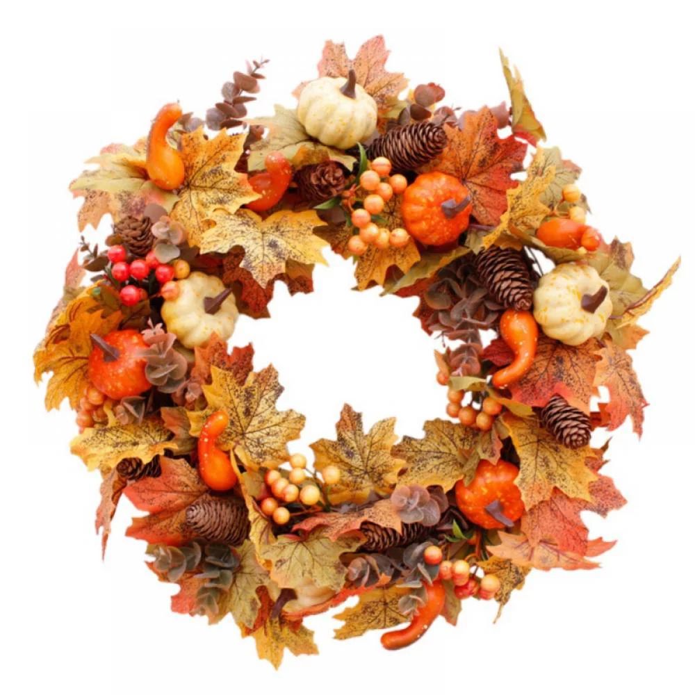 Artificial Fall Wreath for Front Door Garland Rattan Frame with Pumpkin Berries Pine Cone and Map... | Walmart (US)
