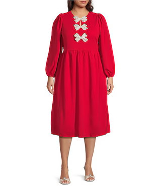 Sugarlips Plus Pearl Jena Glow Bow Round Neck Long Sleeve Velvet Midi Dress | Dillard's | Dillard's